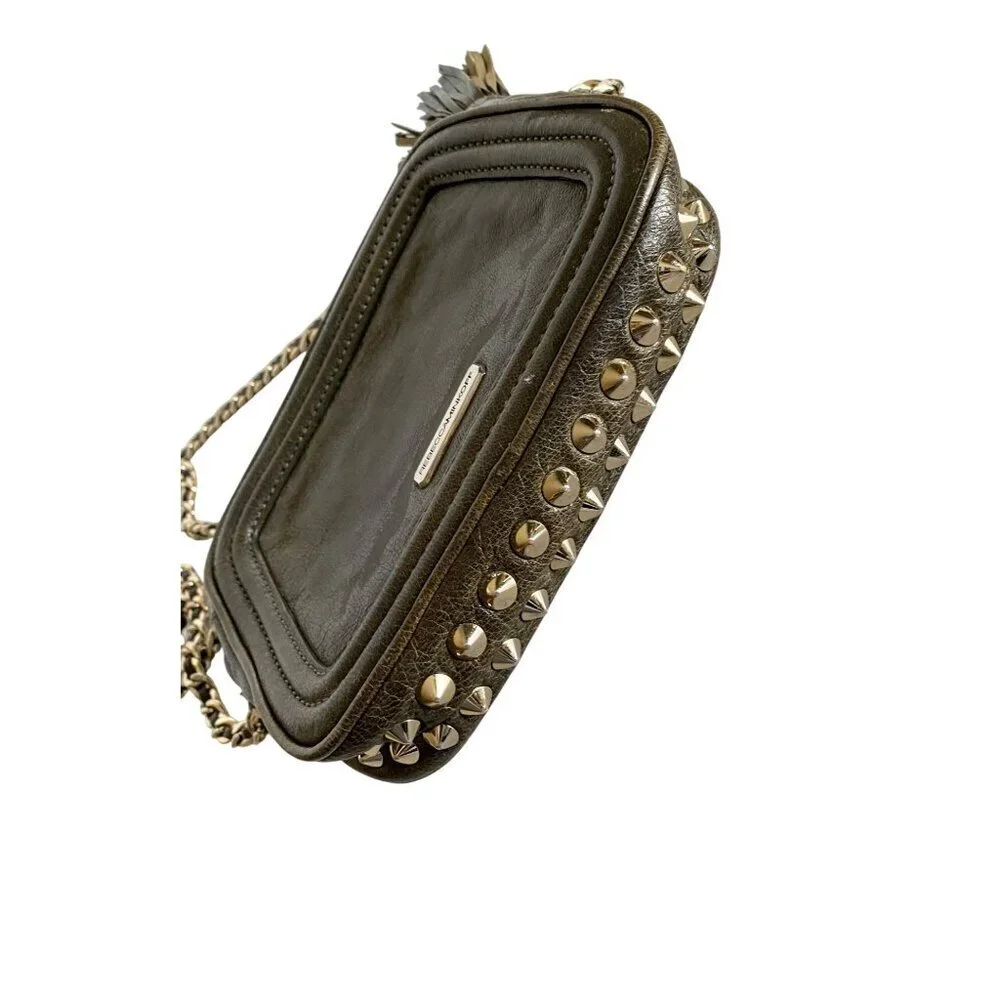 Rebecca Minkoff Leather Studded Crossbody Olive‎ Green Gold Chain + Tassel